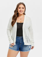 Pointelle Knit Drop Shoulder Open Front Cardigan