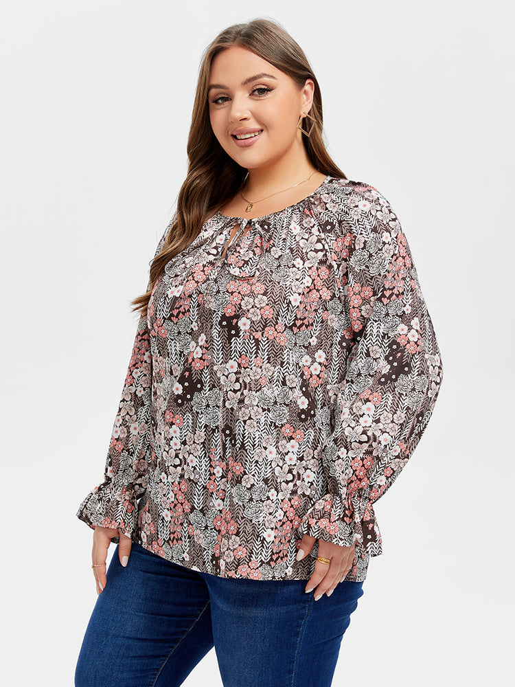 VIP Floral Print Tie Neck Flounce Sleeve Blouse