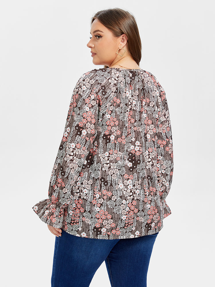 VIP Floral Print Tie Neck Flounce Sleeve Blouse