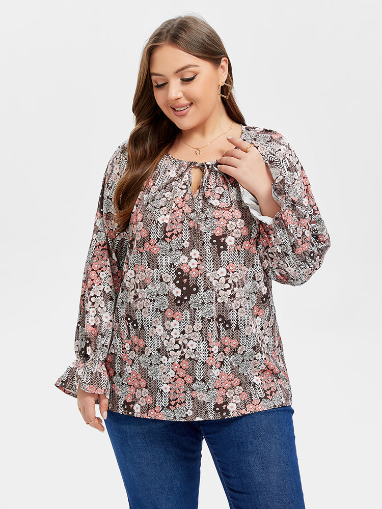 VIP Floral Print Tie Neck Flounce Sleeve Blouse