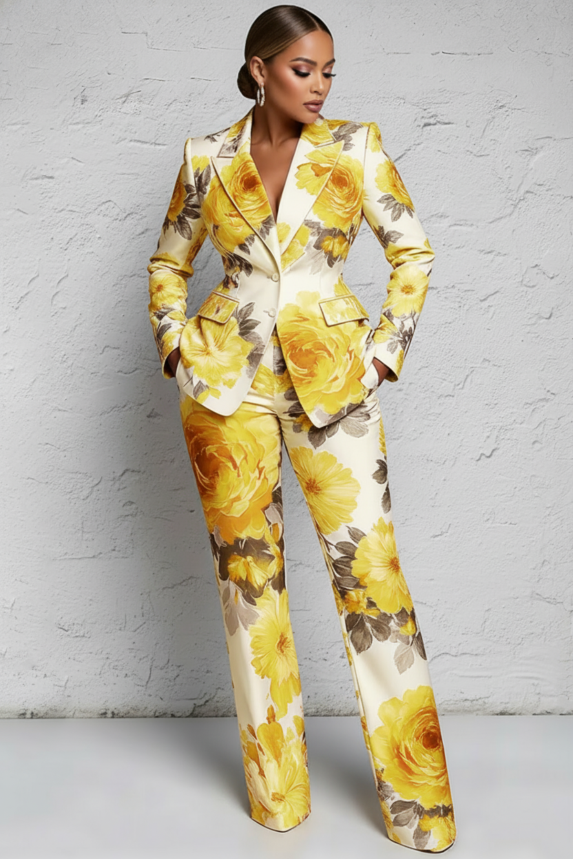 Xpluswear Design Plus Size Formal Pink Floral Lapel Collar Long Sleeve Pocket Two Piece Pant Suits