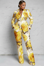 Xpluswear Design Plus Size Formal Yellow Floral Lapel Collar Long Sleeve Pocket Two Piece Pant Suits