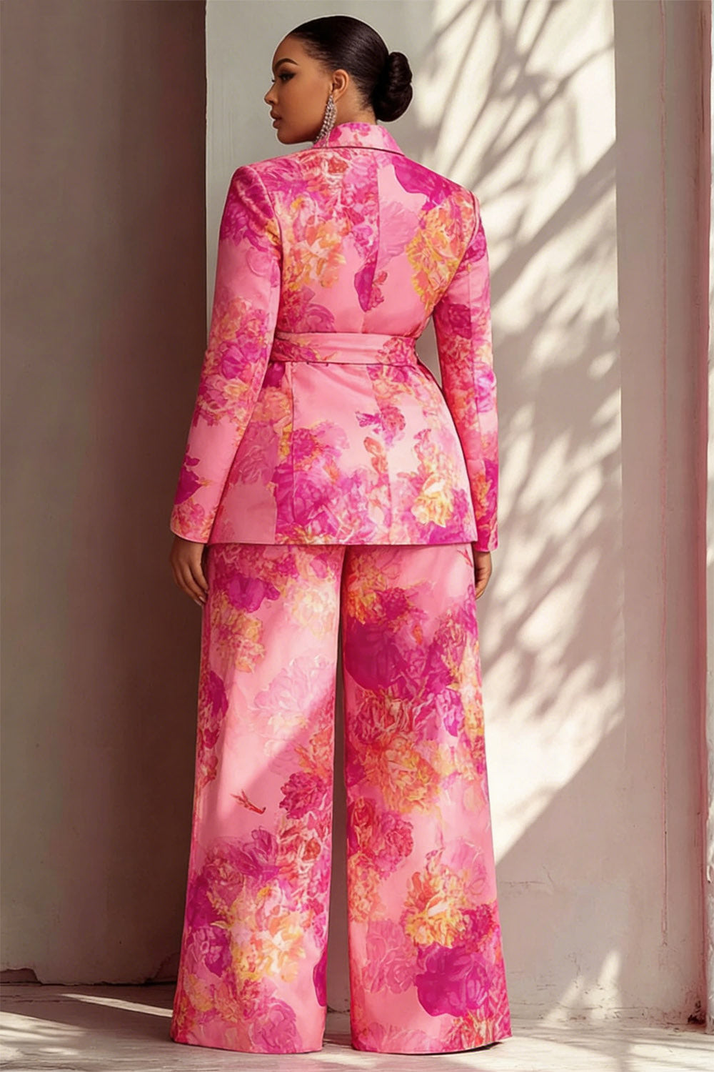 Xpluswear Design Plus Size Formal Hot Pink Turndown Collar Long Sleeve Pocket Satin Two Piece Pant Suits