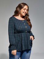 VIP Plus Green Plaid Button Front Elastic Waist Blouses