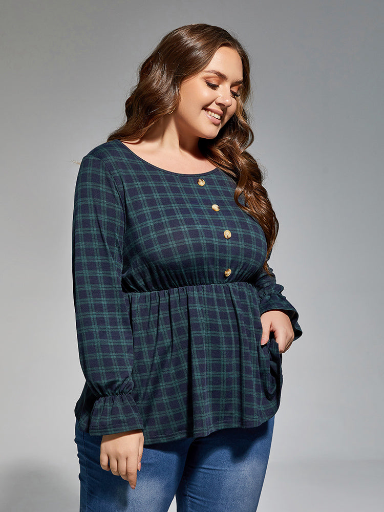 VIP Plus Green Plaid Button Front Elastic Waist Blouses