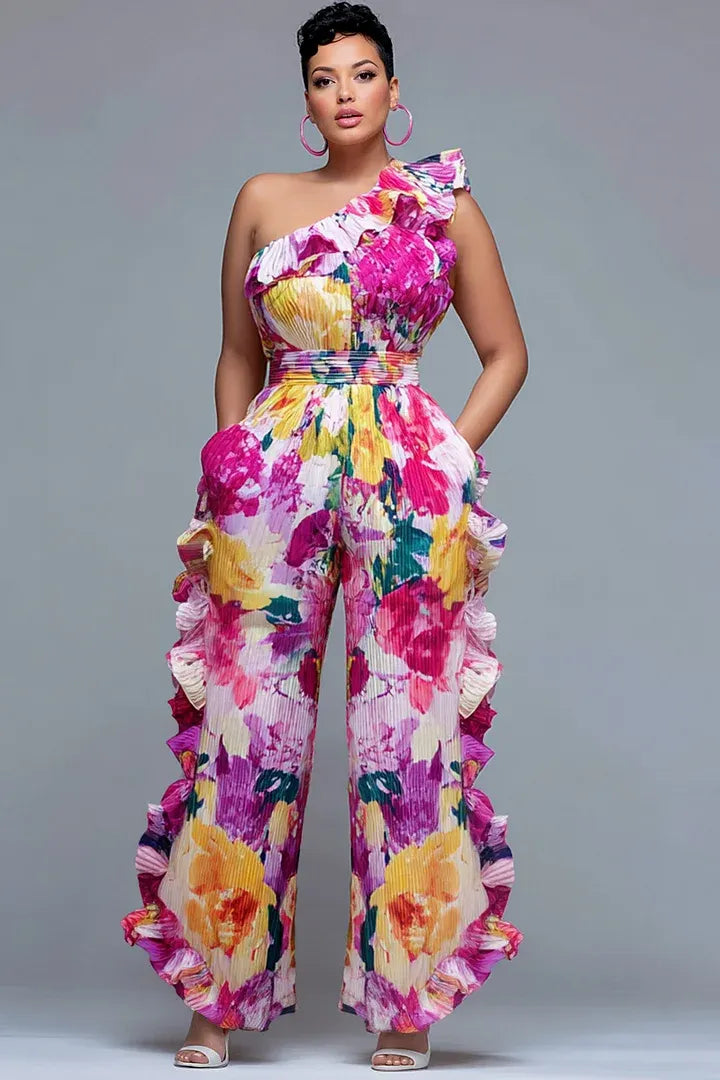 Xpluswear Design Plus Size Vacation Pink Floral One Shoulder Ruffle Pocket Jumpsuits