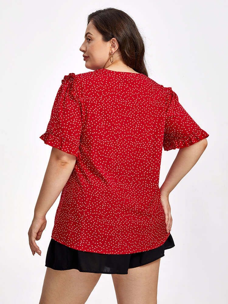 Plus Red Polka Dot V-Neck Frill Trim Sleeves Blouse