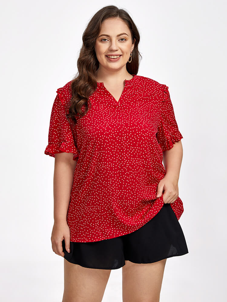 Plus Red Polka Dot V-Neck Frill Trim Sleeves Blouse
