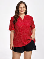Plus Red Polka Dot V-Neck Frill Trim Sleeves Blouse