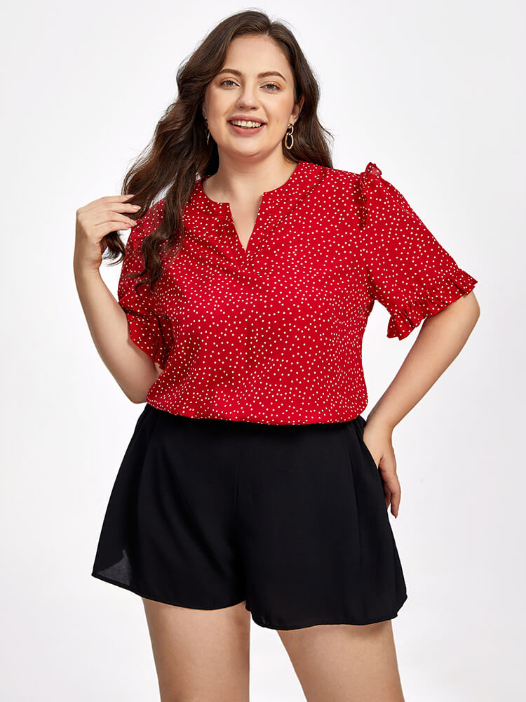 Plus Red Polka Dot V-Neck Frill Trim Sleeves Blouse