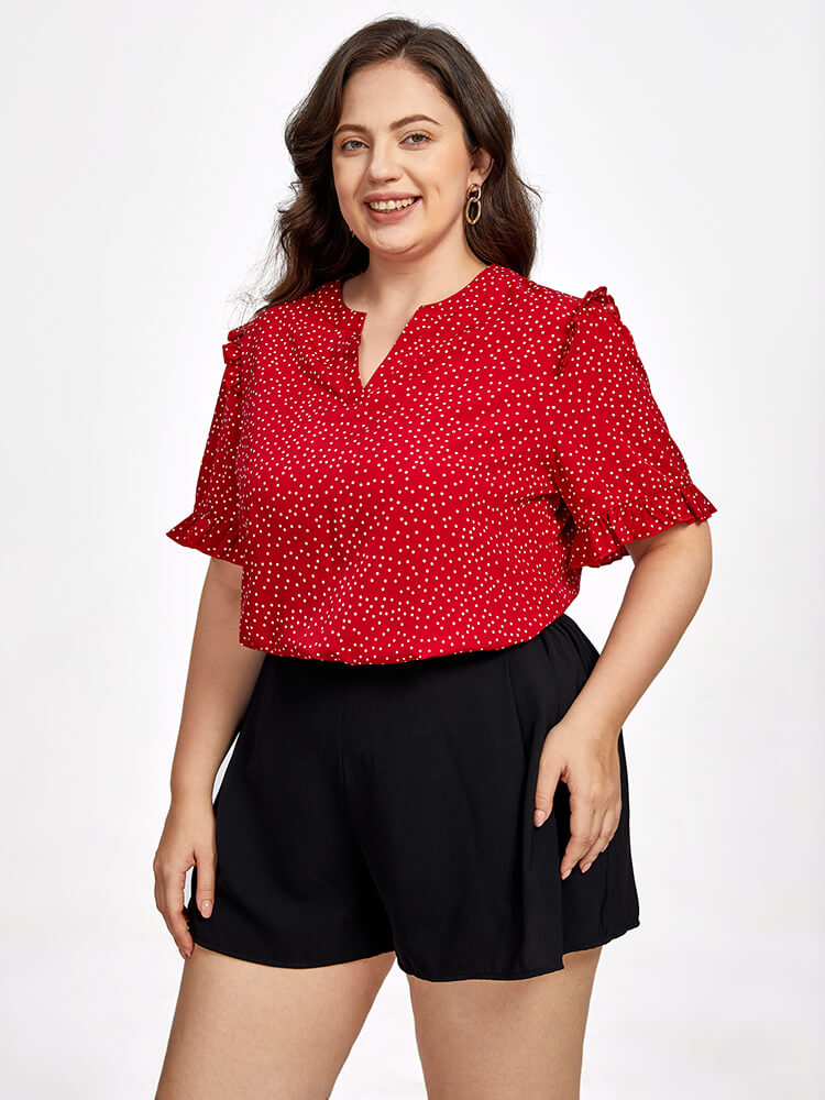 Plus Red Polka Dot V-Neck Frill Trim Sleeves Blouse