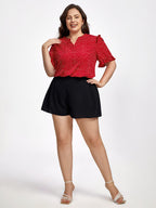 Plus Red Polka Dot V-Neck Frill Trim Sleeves Blouse