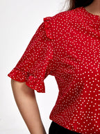 Plus Red Polka Dot V-Neck Frill Trim Sleeves Blouse