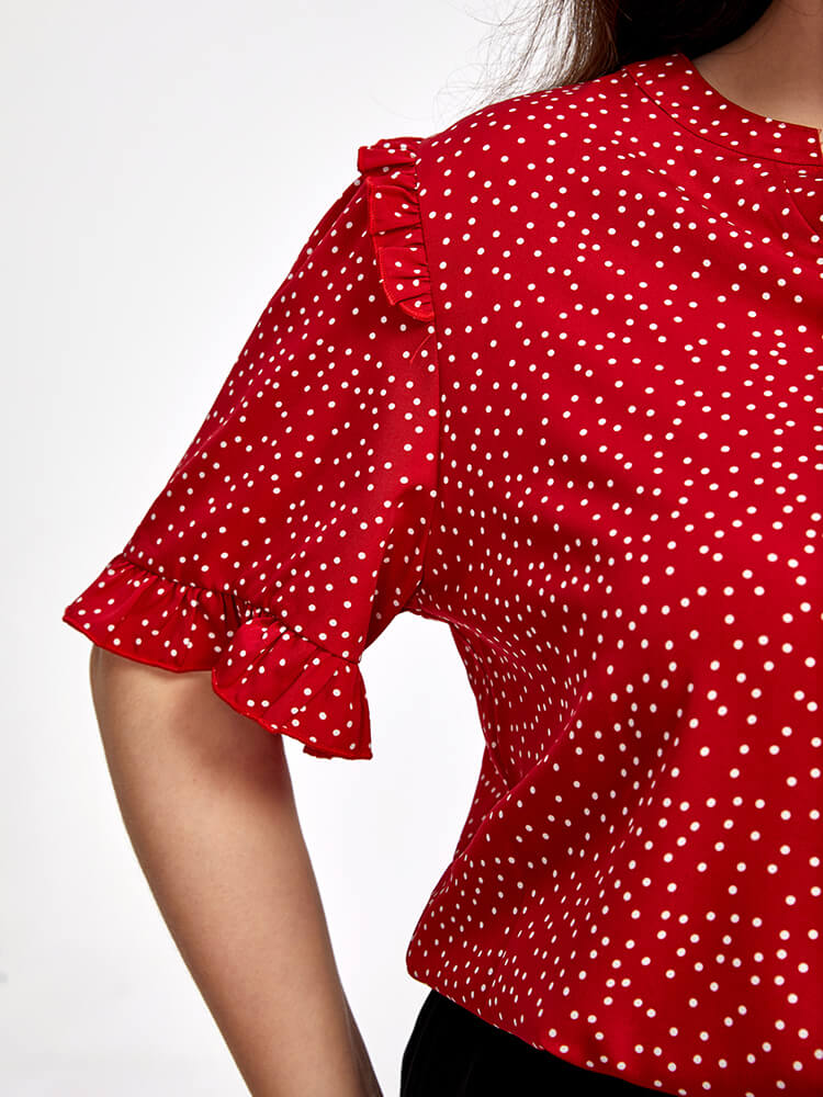 Plus Red Polka Dot V-Neck Frill Trim Sleeves Blouse