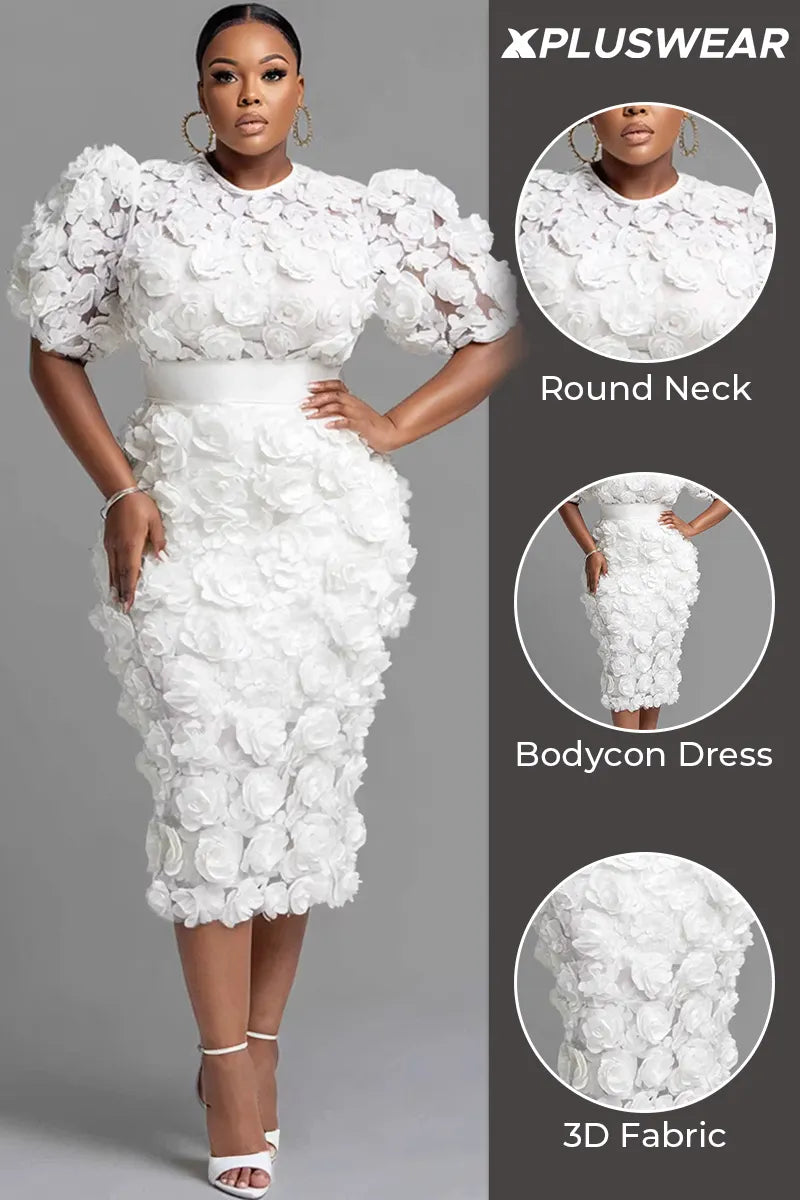 Xpluswear Design Plus Size Cocktail Party White Round Neck Short Sleeve 3D Bodycon Two Piece Skirt Sets