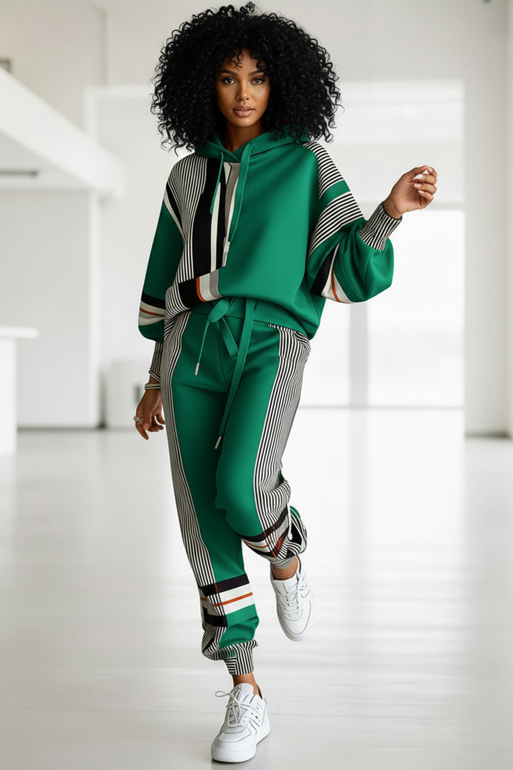 Plus Size Daily Red Striped Hooded Long Sleeve Ruched Casual Sweatshirts