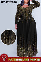 Xpluswear Design Plus Size Christmas Black Gradient Round Neck Long Sleeve Maxi Dresses