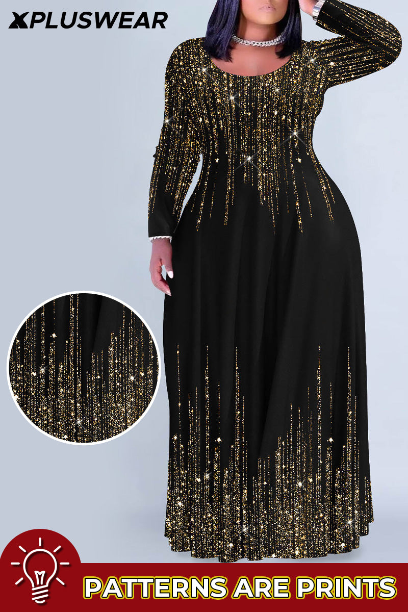 Xpluswear Design Plus Size Christmas Black Gradient Round Neck Long Sleeve Maxi Dresses