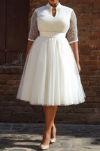 Xpluswear Design Plus Size Wedding White Round Neck Short Sleeve See Through Tulle Midi Dresses
