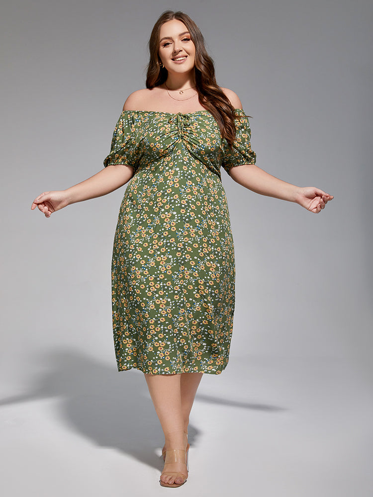 VIP Plus Sage Green Off-Shoulder Ruched Tie Front Midi Dress