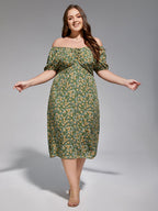 VIP Plus Sage Green Off-Shoulder Ruched Tie Front Midi Dress