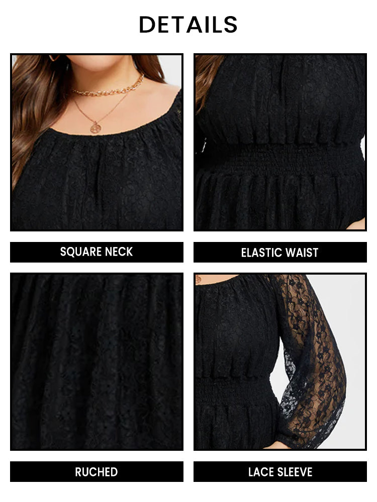 VIP Lace Sleeve Peplum Hem Elastic Waist Blouse