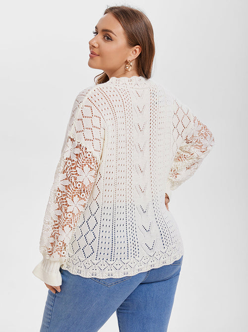 Contrast Lace Drop Shoulder Pointelle Knit Sweater