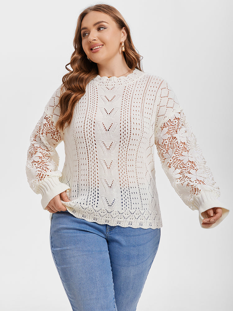 Contrast Lace Drop Shoulder Pointelle Knit Sweater