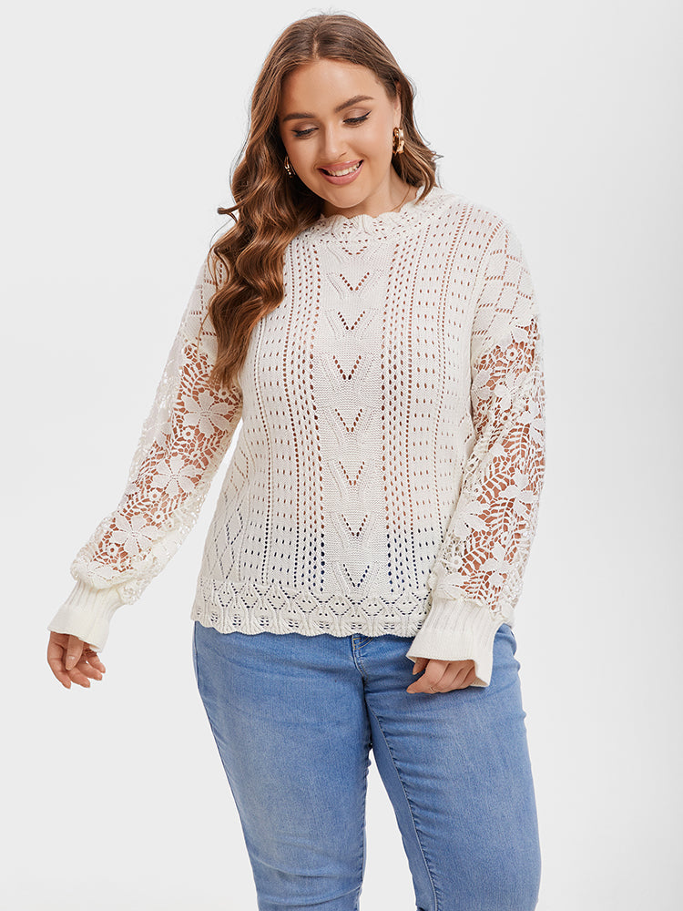 Contrast Lace Drop Shoulder Pointelle Knit Sweater