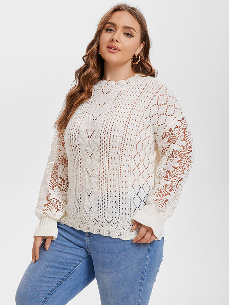 Contrast Lace Drop Shoulder Pointelle Knit Sweater