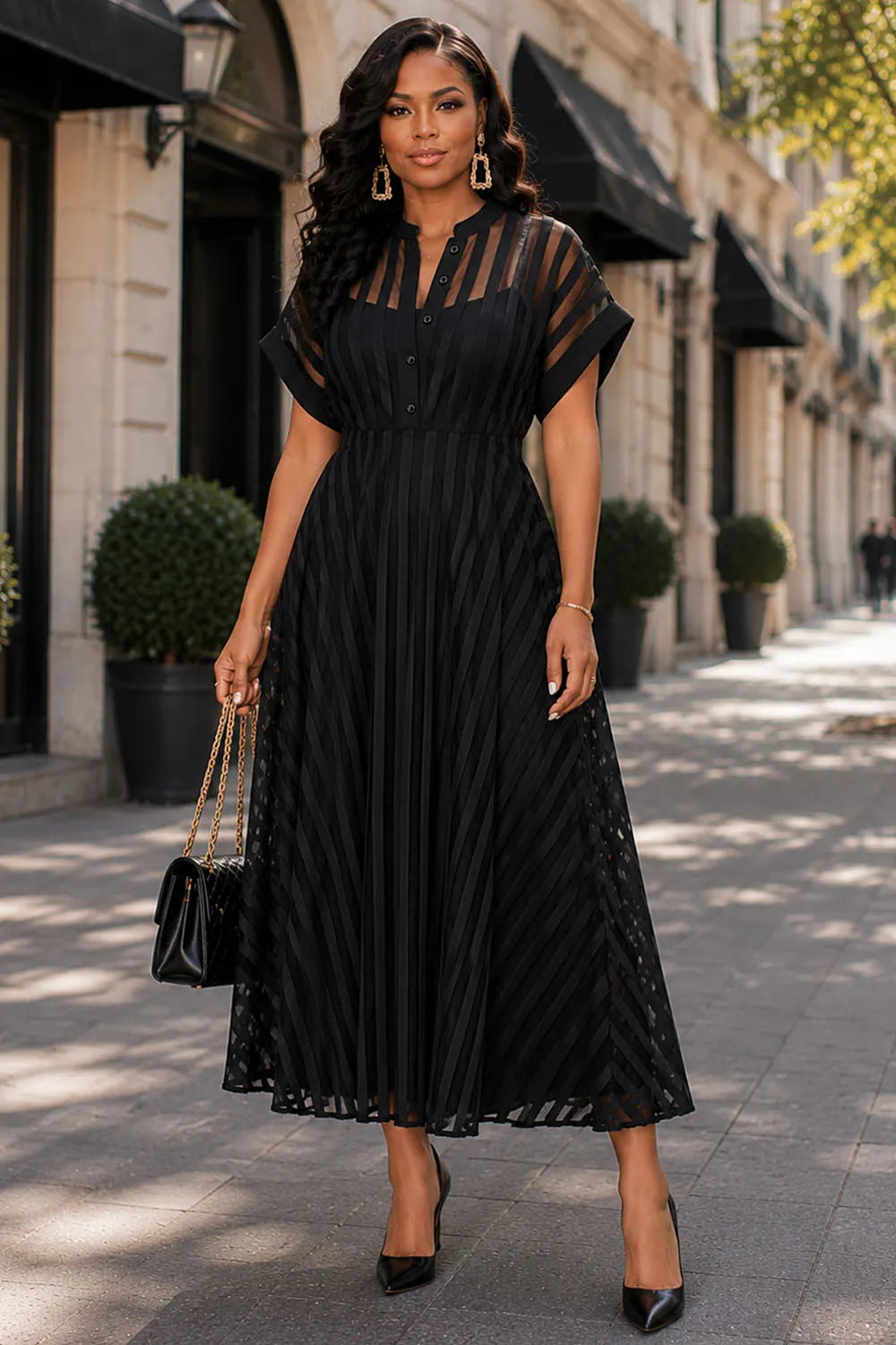 Xpluswear Design Plus Size Business Casual Black Shirt Collar Short Sleeve See Through Button Midi Dresses