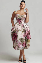 Xpluswear Design Plus Size Cocktail Party Pink Floral Sweetheart Neck Pleated Pocket Satin Midi Dresses