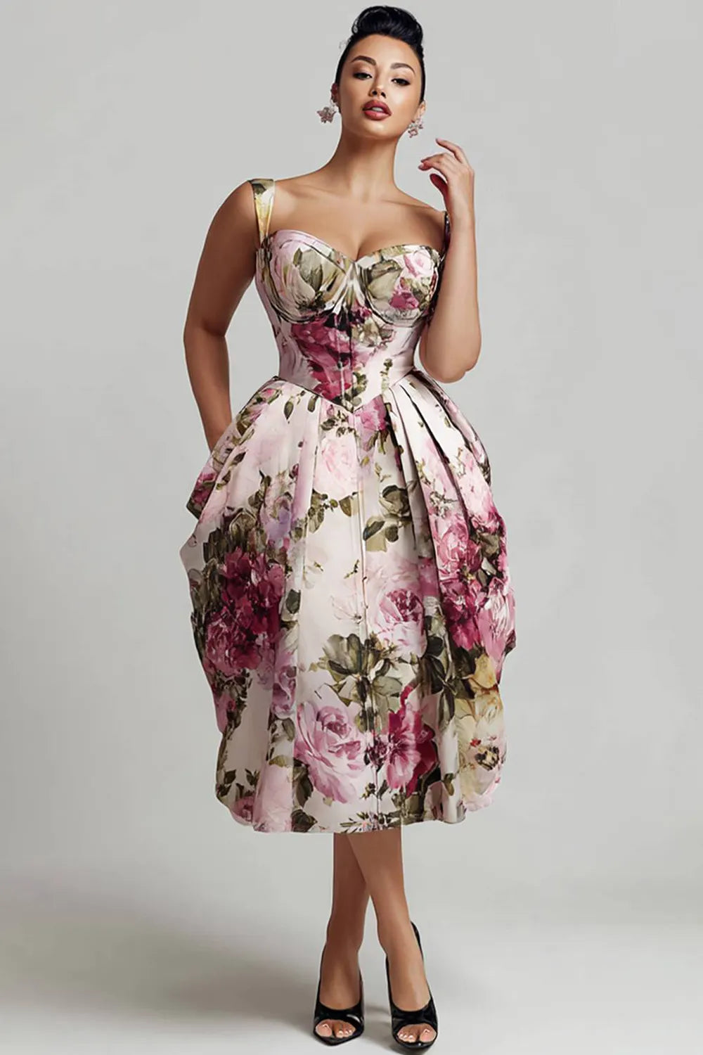 Xpluswear Design Plus Size Cocktail Party Pink Floral Sweetheart Neck Pleated Pocket Satin Midi Dresses