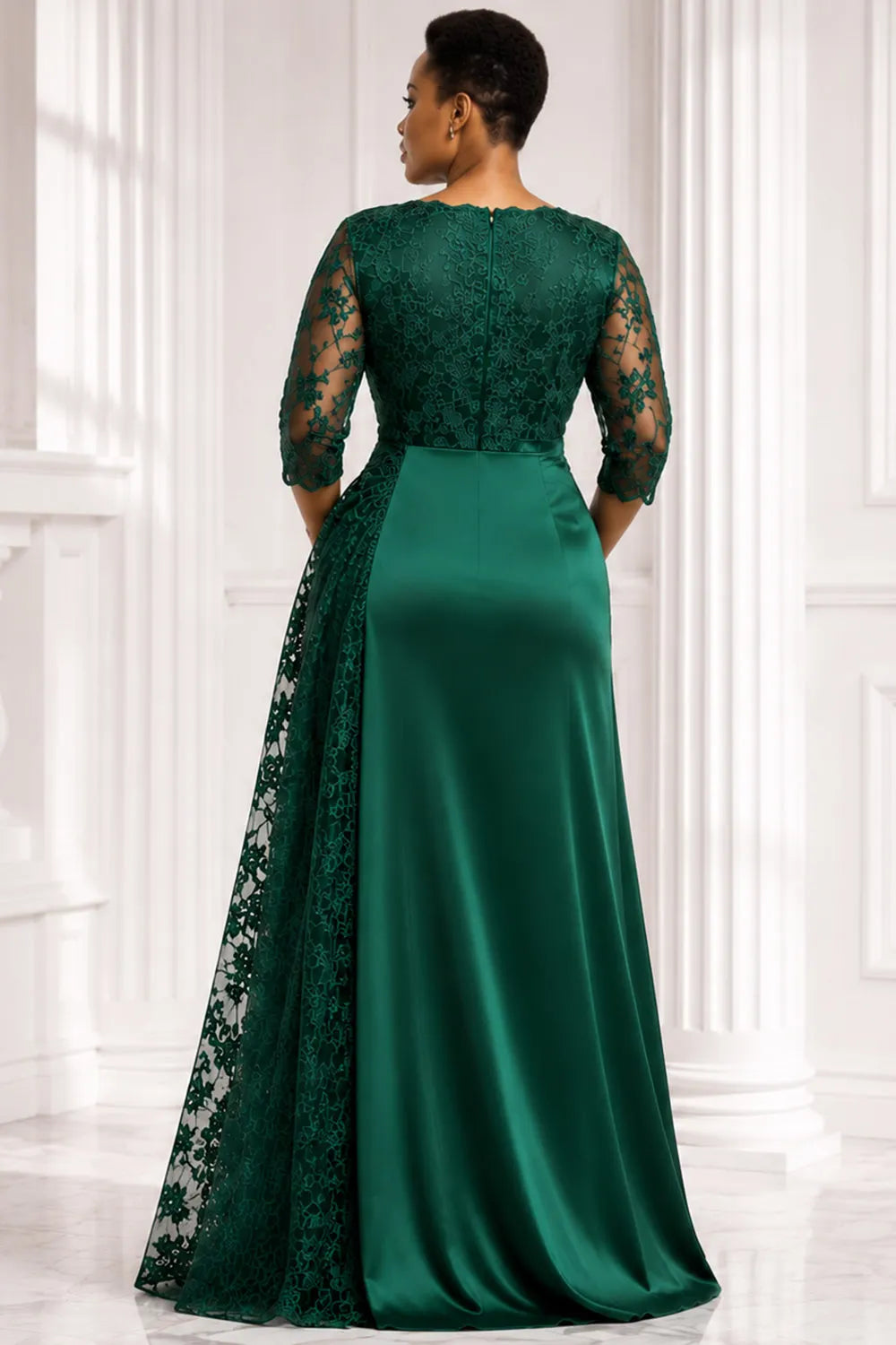 Xpluswear Design Plus Size Formal Satin Emerald Green V Neck 3/4 Sleeve Split Contrast Lace Maxi Dresses