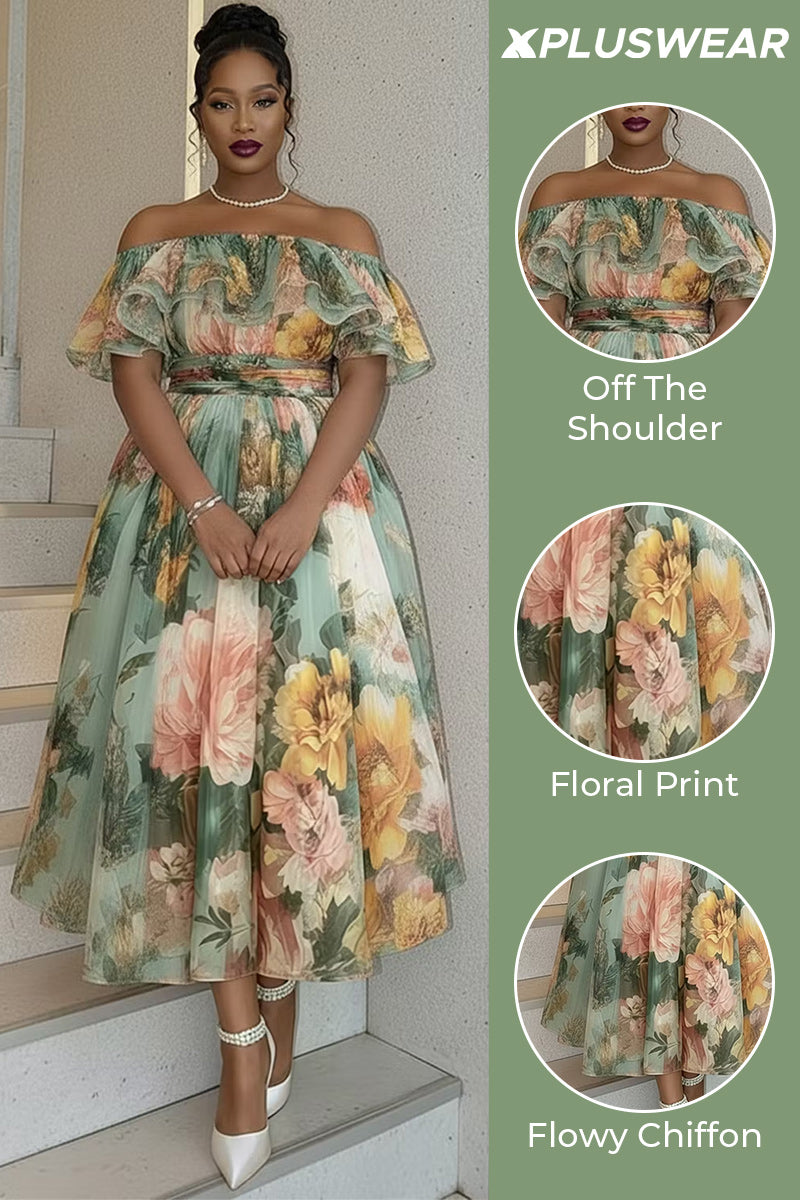 Xpluswear Design Plus Size Cocktail Party Sage Green Floral Off The Shoulder Ruffle Chiffon Maxi Dresses