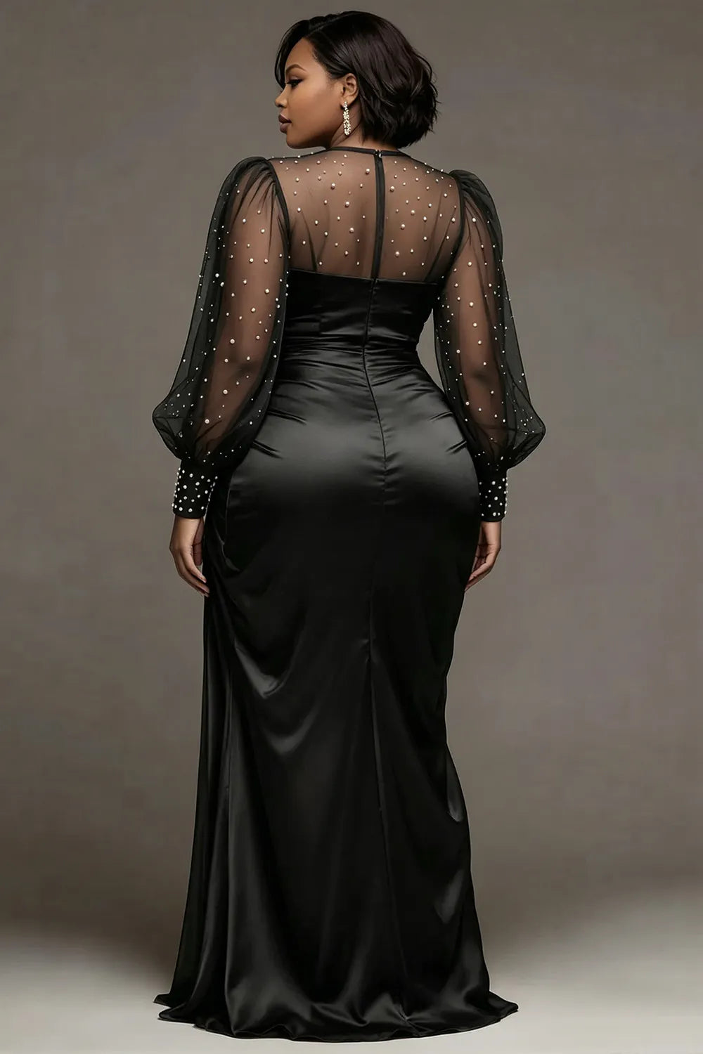 Xpluswear Design Plus Size Wedding Tulle White Round Neck Puff Sleeve Long Sleeve See Through Pearls Satin Maxi Dresses