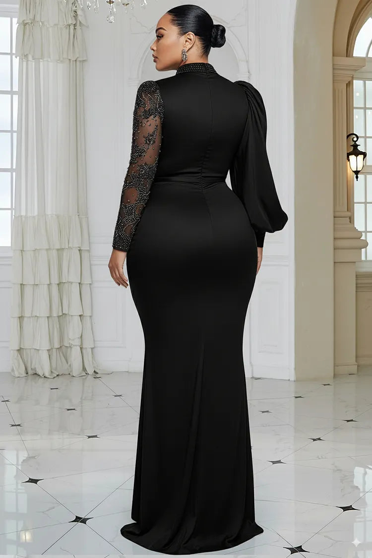 Xpluswear Design Plus Size Formal Blue Mock Neck Lantern Sleeve Long Sleeve Drilling Elegant See Through Tulle Satin Maxi Dresses