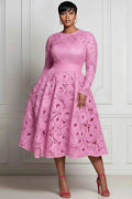 Xpluswear Design Plus Size Pink All Over Print Round Neck Long Sleeve Pocket Elegant Satin Midi Dresses