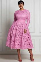 Xpluswear Design Plus Size Pink All Over Print Round Neck Long Sleeve Pocket Elegant Satin Midi Dresses