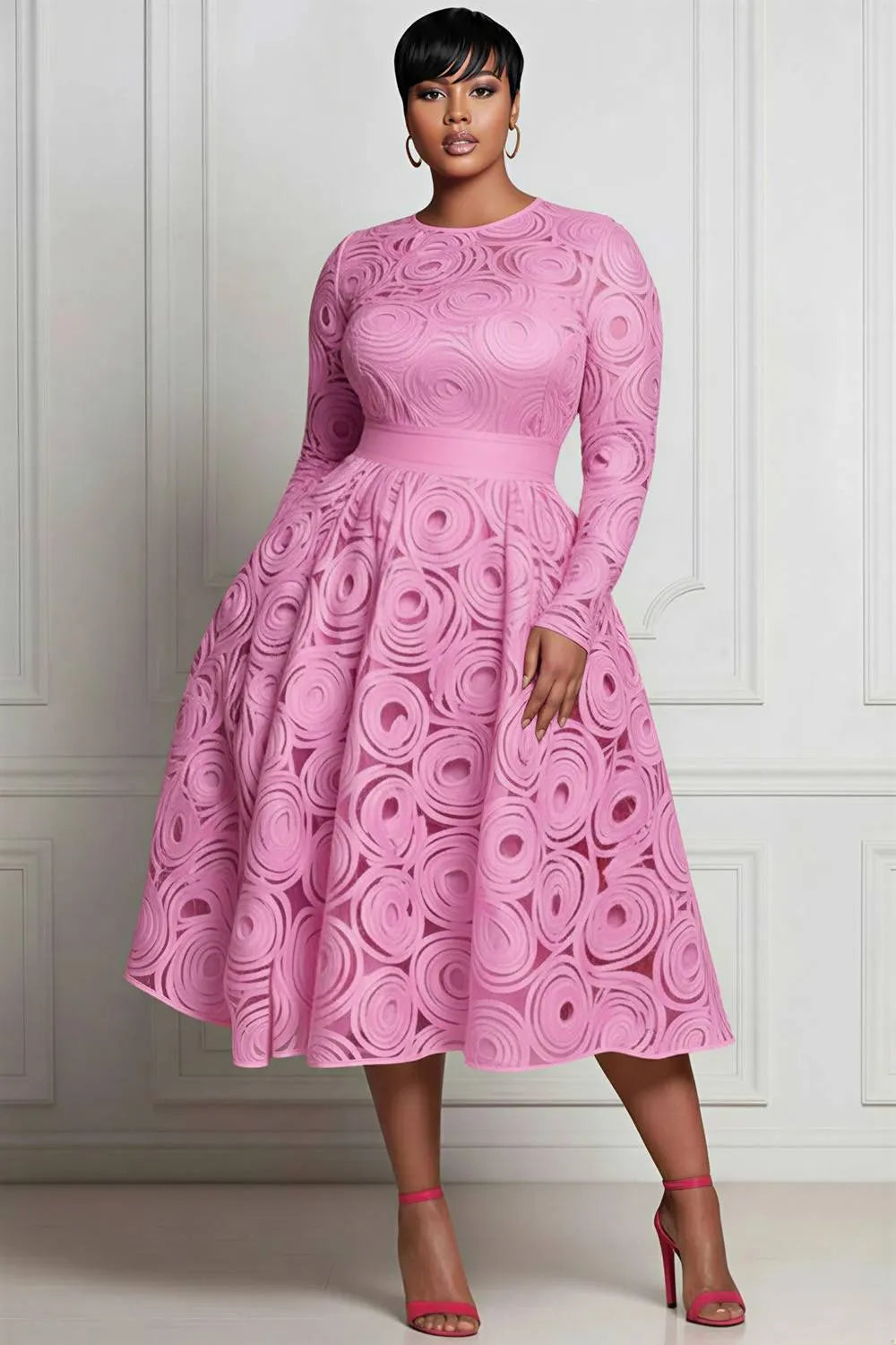 Xpluswear Design Plus Size Pink All Over Print Round Neck Long Sleeve Pocket Elegant Satin Midi Dresses