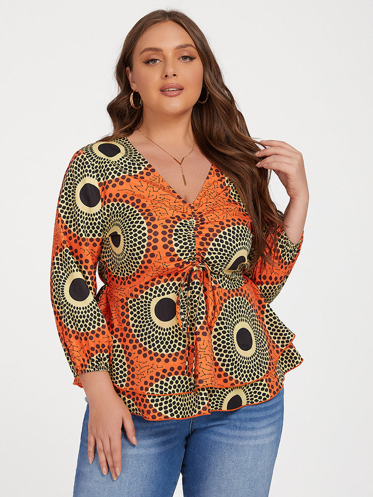 Plus Orange Tropical Print Tie Front Ruffle Blouse