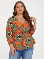 Plus Orange Tropical Print Tie Front Ruffle Blouse