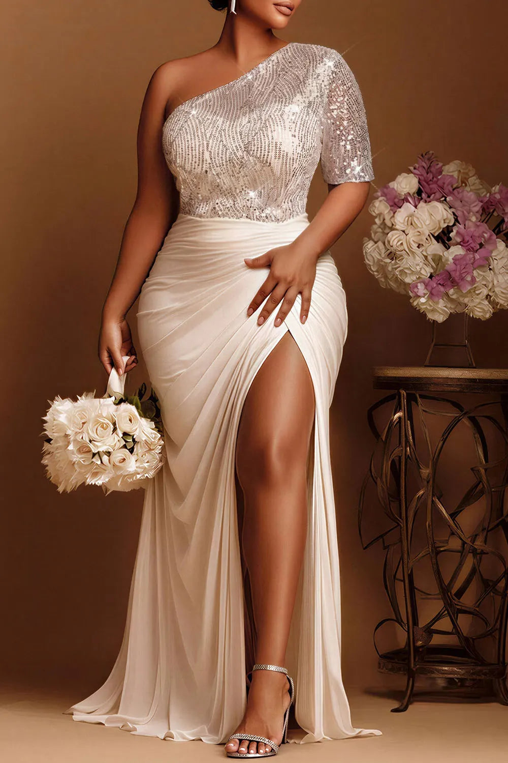 Xpluswear Design Plus Size Wedding Ivory One Shoulder Split Drilling Satin Maxi Dresses
