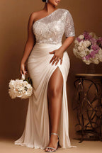 Xpluswear Design Plus Size Wedding Ivory One Shoulder Split Drilling Satin Maxi Dresses