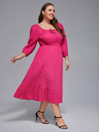 Plus Square Neck Puff Sleeves Shirred Midi Dress