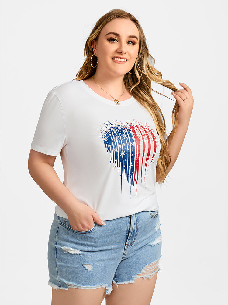 Plus White Heart Print Round Neck Graphic Tee