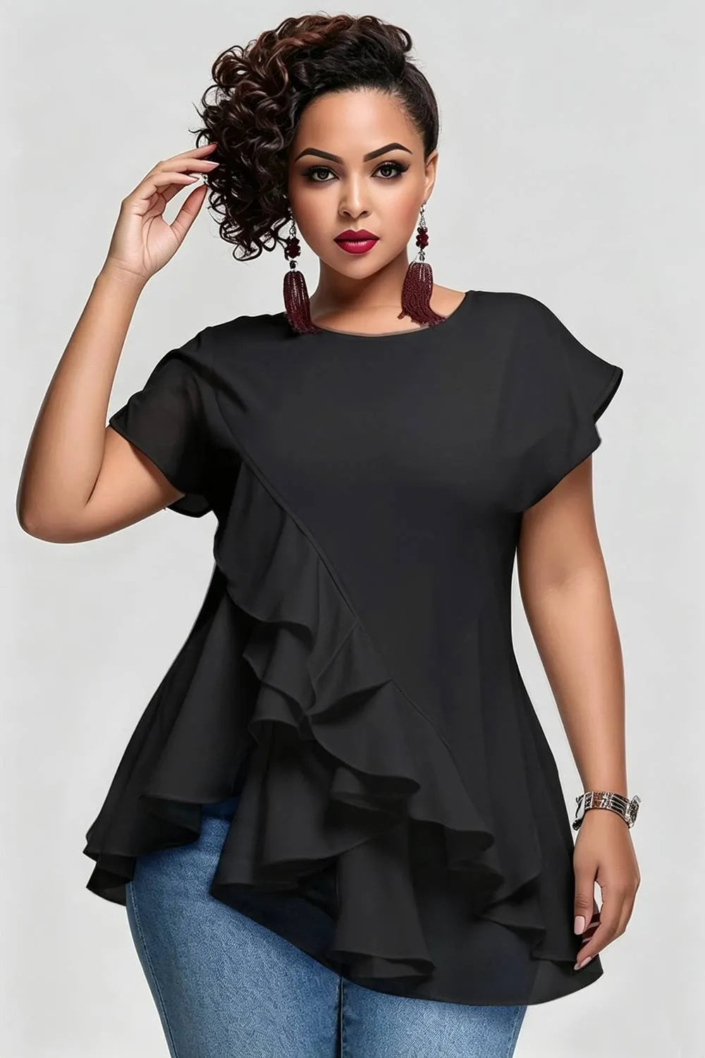 Xpluswear Design Plus Size Daily White Round Neck Short Sleeve Ruffle Tops