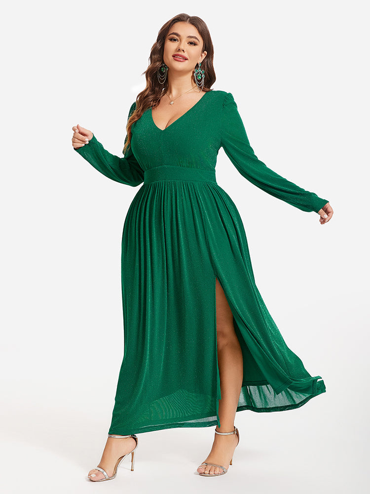 VIP Elastic Waist Split Ruched Glitter Maxi Dress