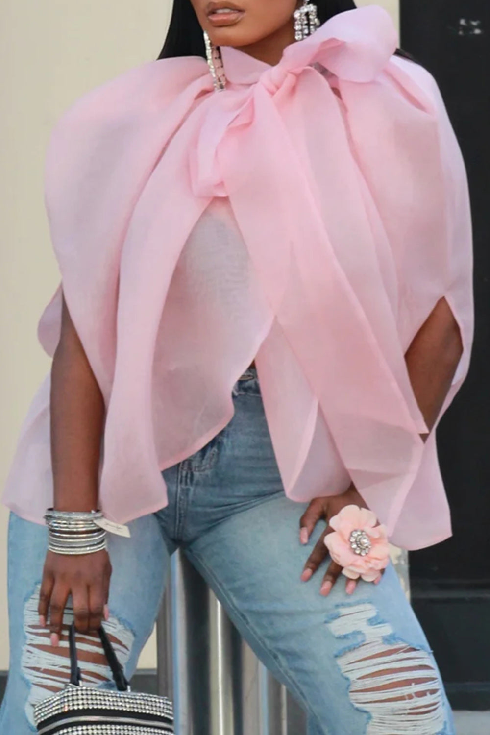 Plus Size Daily Casual Pink Mock Neck Short Sleeve Bow Tie Organza Blouses