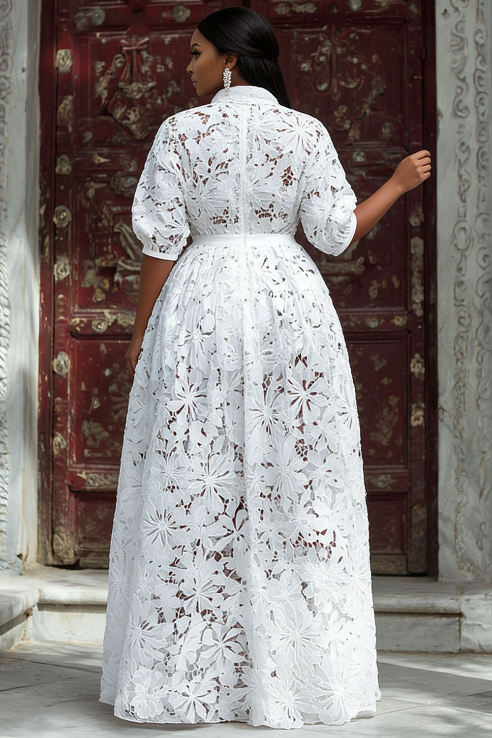 Xpluswear Design Plus Size Wedding White V Neck Puff Sleeve Short Sleeve See Through Maxi Dresses